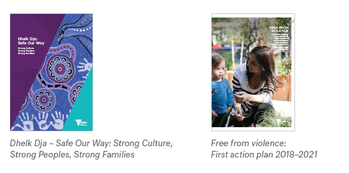 Image of report covers - Dhelk Dja – Safe Our Way: Strong Culture, Strong Peoples, Strong Families and Free from violence: First action plan 2018–2021