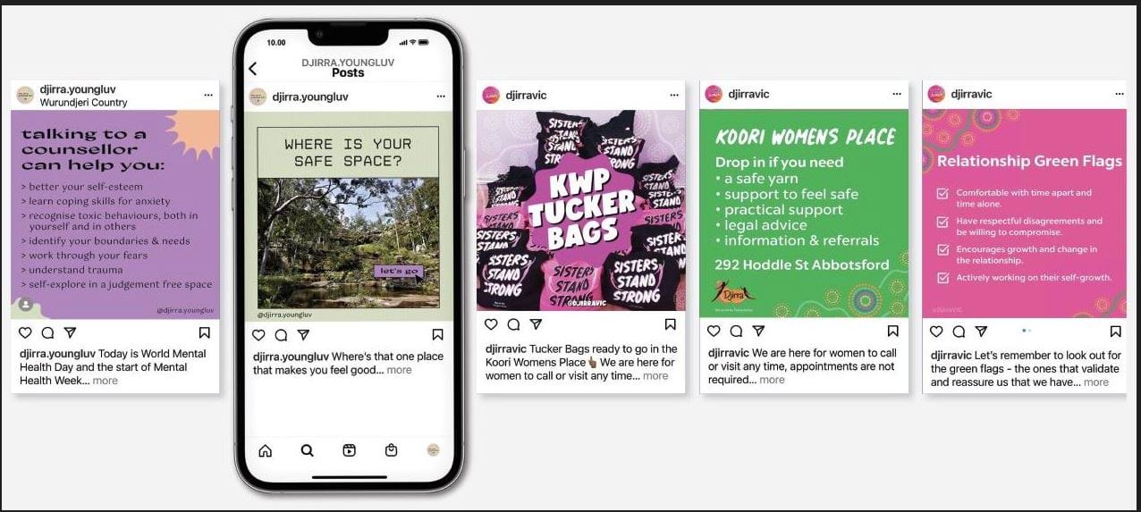 Screenshots of Djirra’s family violence social media campaigns appealing to younger audiences